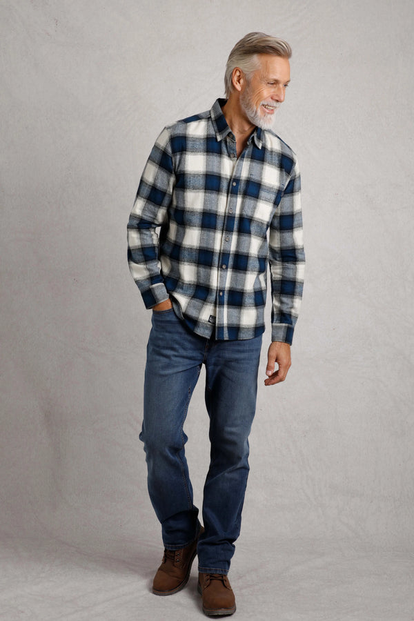 Weird Fish Broxton Organic Cotton Herringbone Check Shirt - Navy