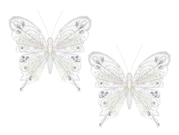 2 Piece white Butterfly Decorations With Clip - 14 x 11cm - Towsure