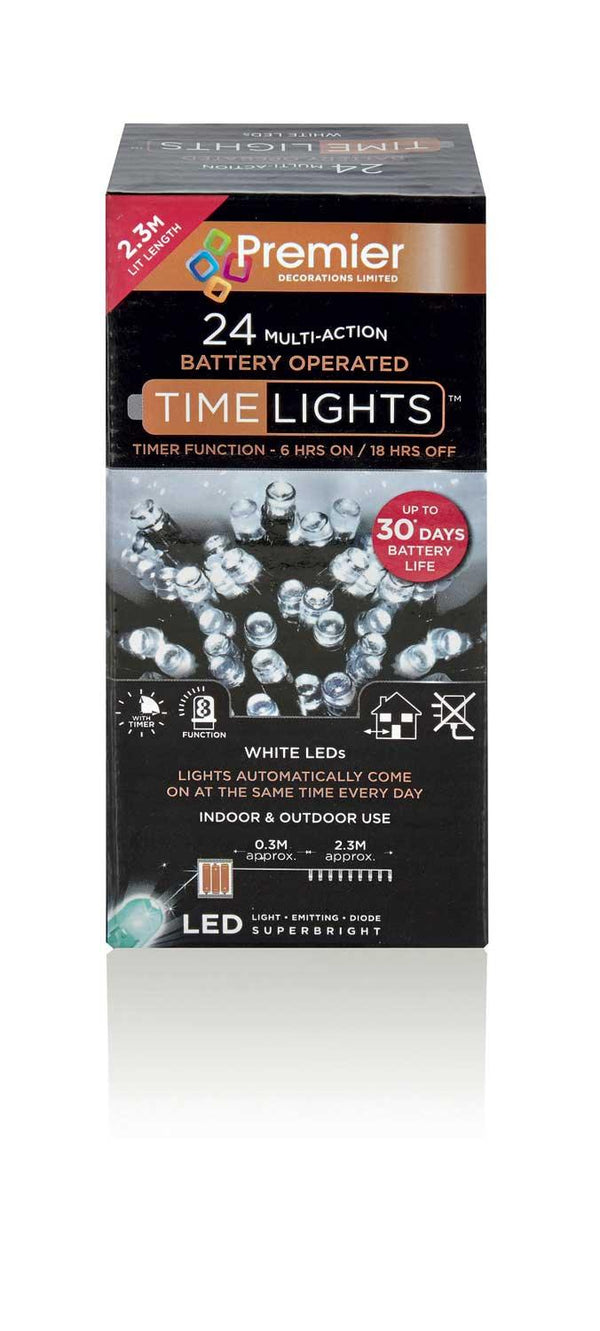 24 Multi Action Battery Bright White LED Christmas Lights - 2.3 Metre