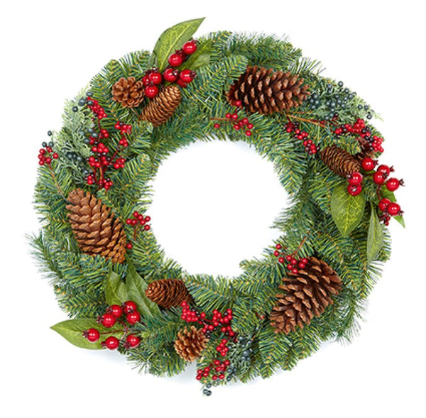Premier 45cm Natural Red Berry Wreath With Pine Cones