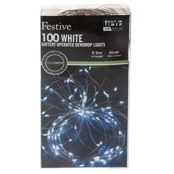 Festive 100 Bright White Battery Operated Dewdrop Wire Christmas Lights