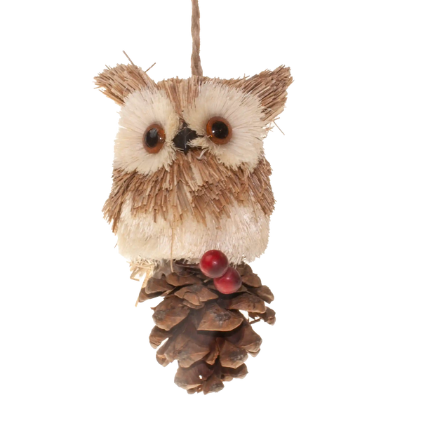 Festive 10cm Natural Bristle Owl Christmas Tree Ornament