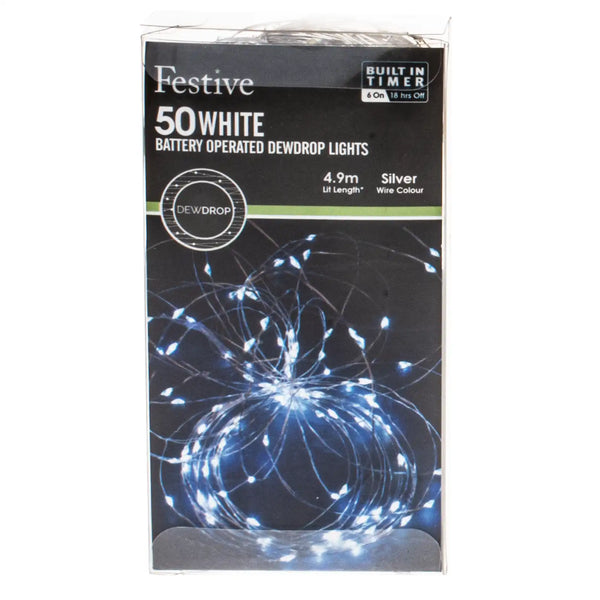 Festive 50 Bright White Battery Operated Dewdrop Wire Christmas Lights