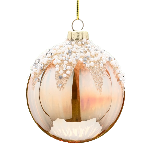 Festive 8cm Translucent Amber Glass Bauble with Pearl Snowcap