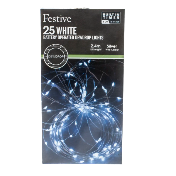 Festive 25 Bright White Battery Operated Dewdrop Wire Christmas Lights