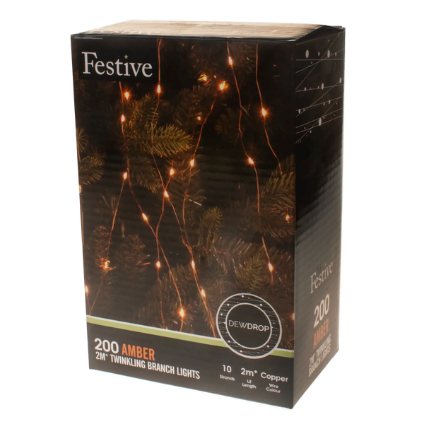 Festive 200 Amber Christmas Twinkling Dewdrop Branch Lights - 2 Metres