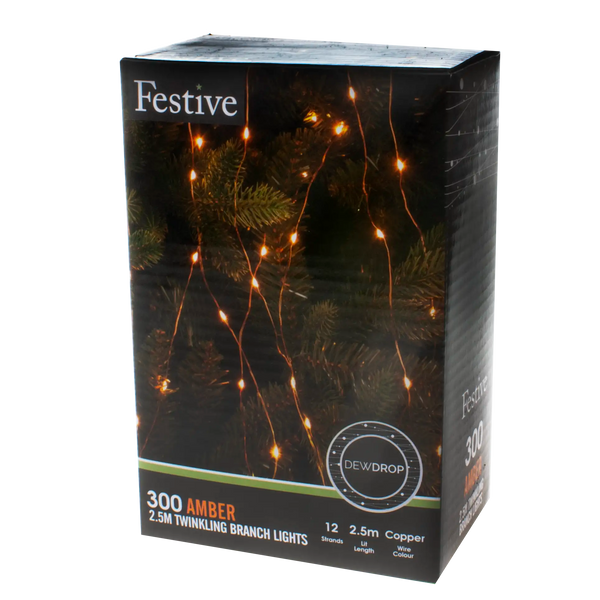 Festive 300 Amber Christmas Twinkling Dewdrop Branch Lights - 2.5 Metres