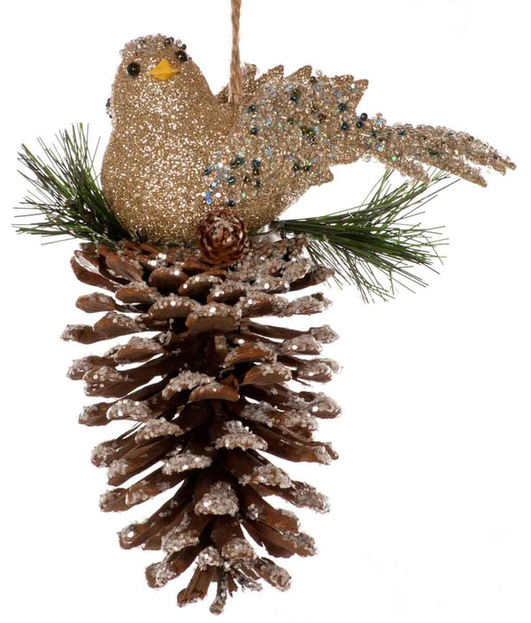 Christmas Bird on Pine Cone Tree Decoration - Gold