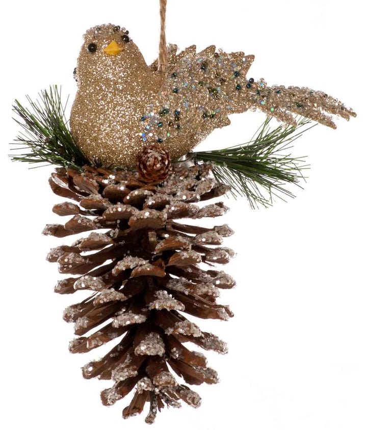 Christmas Bird on Pine Cone Tree Decoration - Gold - Towsure