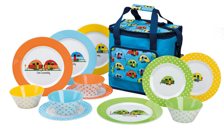 Love Caravanning Melamine Tableware Set with Cooler Bag - Camping Plates