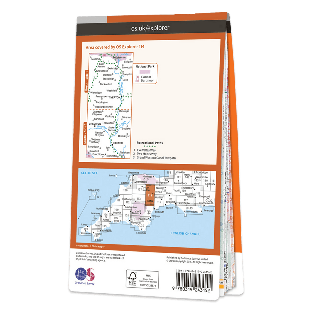 OS Explorer Map 114 - Exeter & the Exe Valley Crediton Tiverton & Dulverton - Towsure