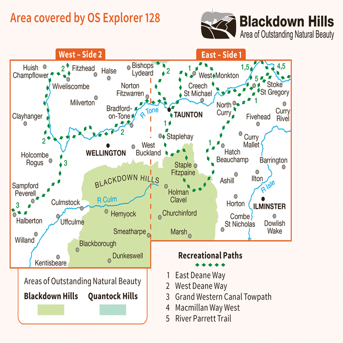 OS Explorer Map 128 - Taunton & Blackdown Hills Wellington & Ilminster - Towsure